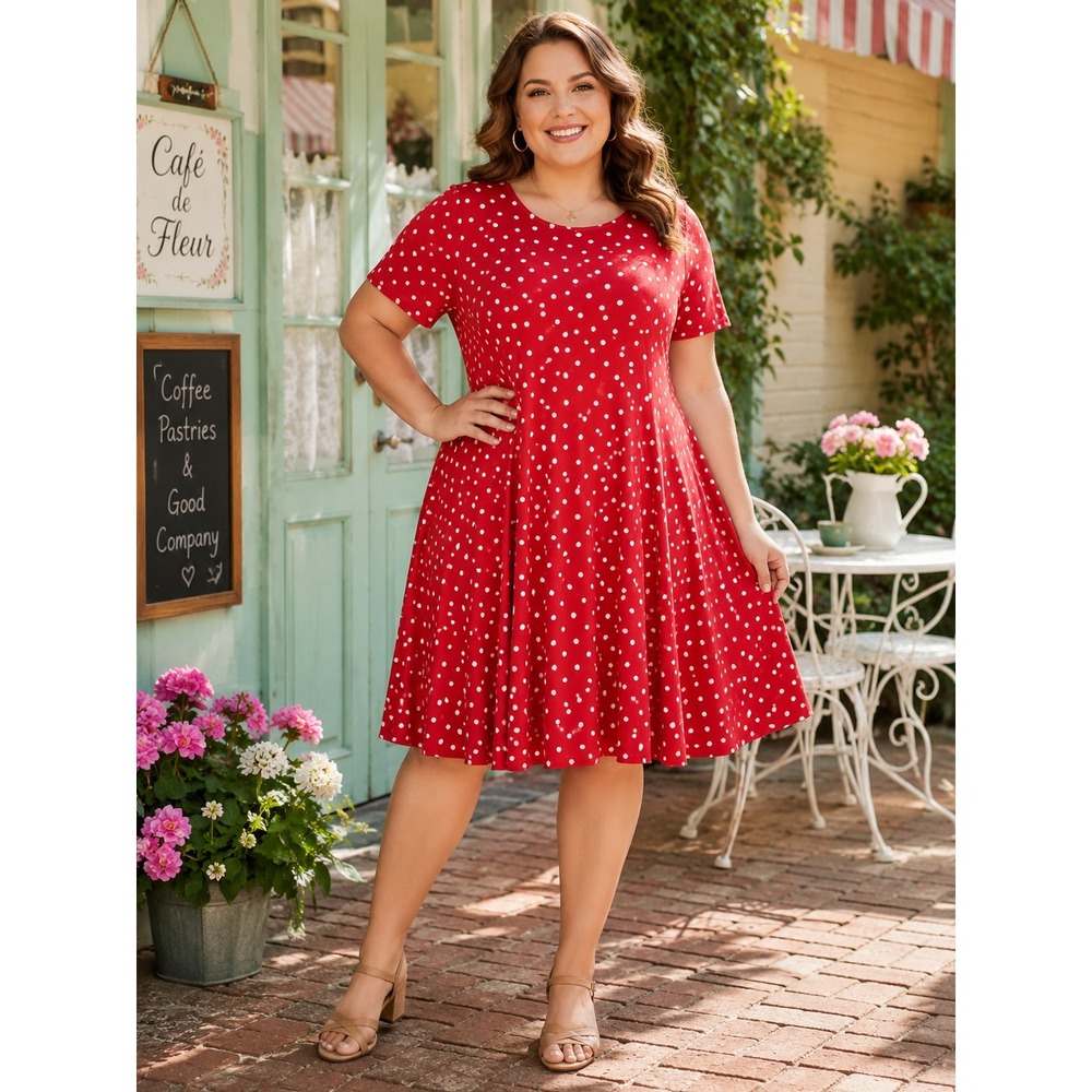 471.  Cute Retro Susan Graver Red White Polka Dot Liquid Knit Swing Dress